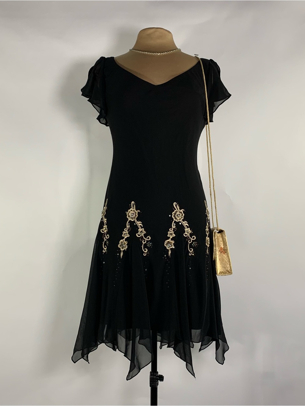 Vintage Black Handkerchief Hem Embroidered Dress Petite Y2K Fits M Best